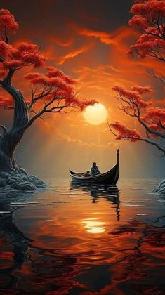 a painting of a man in a boat on the water with trees and sunset behind him