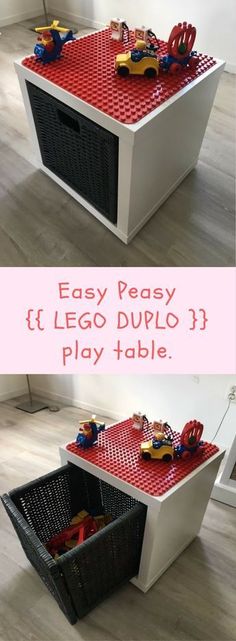 an easy lego table made out of two different types of bricks and plastic toy cars