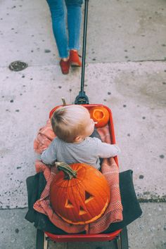 a baby in a stroller with a pumpkin