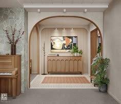 an entry way with a piano and potted plants