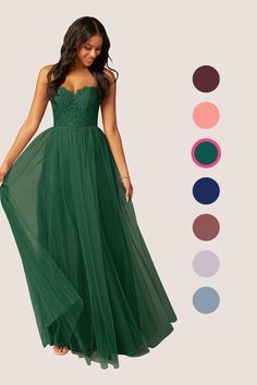 a woman in a long green dress standing next to color swatches and the image shows different colors