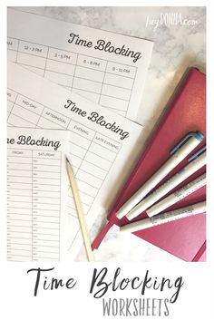 time blocking worksheets with pencils and pens