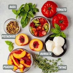 different types of fruits and vegetables are shown in this image, including tomatoes, peaches, garlic, basil, tomato slices, and pistatches