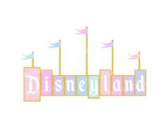 the disneyland land sign with flags and buildings in pink, blue, yellow and green