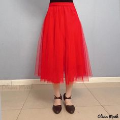 Olivia Mark - High-Waisted Midi-Skirt with Mesh Netting and Full Flared Hem suitable for Formal Social Dancing Red Non-stretch Mini Skirt, Red High Waist Maxi Skirt, Non-stretch Red Mini Skirt, Elegant Red High Waist Maxi Skirt, Casual Red Full Skirt Bottoms, Red Flared Skirt For Summer, Red Stretch Mini Skirt For Summer, Red High Waist Stretch Skirt, Red High Waist Lined Maxi Skirt