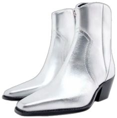 Silver Leather Heeled Boots For Spring, Silver Casual Boots With Pointed Toe, Silver High Ankle Boots For Spring, Black Moto Boots, Black Heels Low, Sock Ankle Boots, Cowboy Ankle Boots, Low Heel Ankle Boots, Heel Stretch