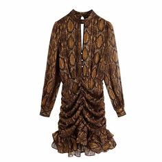 Yılan Derisi Desenli, Dalgalı Volanlı Etek Mini Elbise | Uniqistic.com Ruffle Dress Long, Printed Dresses Fashion, Mini Dress Vintage, Ruffled Mini Dress, Snake Skin Print, Women's Robe, Runway Dresses, Pleated Mini Dress, Printed Long Dresses