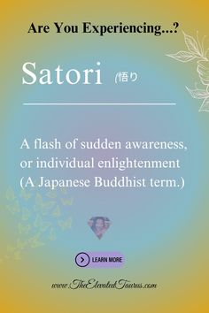 the words satori are written in english and japanese, with an image of a woman's face