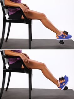 a woman sitting in a chair with her legs crossed and the words, eight exercises for 8 strong legs