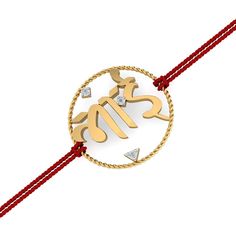 A rakhi (bracelet made of thread, having a solid gold pendant in the center to which the thread is tied) that is made of 18K gold with diamonds. This gold rakhi is aesthetically designed in natural handwritten Hindi letters reading BHAI. It is further framed inside a rope-like circular frame that holds the letters together. It is beautifully studded with diamonds that elevate the look of the design. It's not just a rakhi but a perfect rakhi gift for your bro. This rakhi can also be used as a men Traditional Yellow Gold Bracelet As Gift, Traditional 14k Gold Bracelet As Gift, Traditional Jewelry With Sliding Knot For Gifts, Traditional Sliding Knot Jewelry As Gift, Traditional Yellow Gold Bracelets For Celebration, Symbolic Yellow Gold Jewelry For Puja, Traditional Gold Bracelet With Sliding Knot, 22k Gold Bracelets As A Gift, Adjustable Yellow Gold Jewelry For Puja