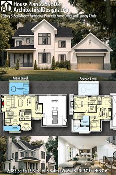 two story house plan with 3 bedroom and 2 bathrooms in the front, an open floor plan