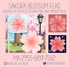 an advertisement for the sakura blossom flag is shown in pink and midnight blue, with images of flowers