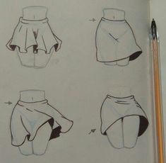 the drawing shows how to draw shorts and skirts with pencils in each hand,