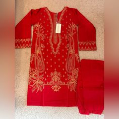 This Is A Brand New With Tags Pakistani Women’s Shalwar Kameez Dress In Size Small Ready To Wear | Stitched 2 Piece Lawn Material, Embroidered Design Shirt Length 39 Inches Chest 36 Inches If You Have Any Questions Or Need More Exact Measurements, Feel Free To Message Me. Fitted V-neck Salwar Kameez For Festive Occasions, Fitted V-neck Traditional Wear For Eid, Festive Unstitched V-neck Lawn Suit, Elegant Red Lawn Suit For Diwali, Elegant Red Unstitched Suit With Dabka, Festive Semi-stitched Red Lawn Suit, Red Bollywood Lawn Suit With Zari Work, Festive Red Lawn Suit With Zari Work, Elegant Red Lawn Suit With Zari Work