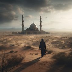 a person walking in the desert towards a mosque with birds flying over it's roof