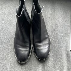 Great Condition- Very Stylish. Worn Only A Few Times. Designer Chelsea Ankle Boots For Work, Designer Chelsea Boots With Round Toe For Work, Formal Boots With Lug Sole And Flat Heel, Designer Black Chelsea Ankle Boots, Designer Black Chelsea Boots, Designer Formal Boots With Lug Sole, Designer Black Chelsea Boots With Reinforced Heel, Barney’s New York, Shoes Womens