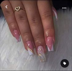 Square Nail Designs Birthday, French Nails Acrylic Square Medium, Acrylic Nails With Foil Design, Polished Nails Designs, Medium Length Cute Nails, Cute Birthday Nails Coffin Short, Basic Medium Nails, Nail Designs Pink And Gold, Classy Acrylic Nails Short