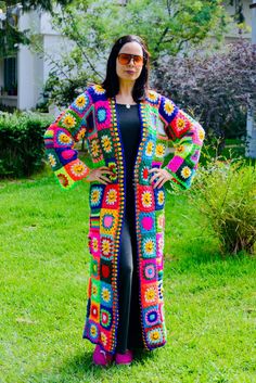 Granny Square Coat, Festival Clothing Jacket, Colorful Jacket, Smiley Face Cardigan, Crochet Maxi Jacket, Plus Size Jacket - Etsy Smiley Face Cardigan, Granny Square Coat, Crochet Jackets, Plus Size Jacket, Colorful Jacket, Cardigan Crochet, Crochet Maxi, Festival Clothing, Crochet Jacket