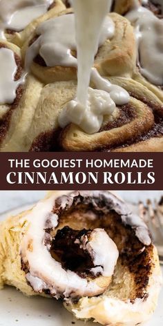 cinnamon rolls with icing being drizzled over them and the words, the golett homemade cinnamon rolls