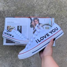 If you truly love me, buy me a pair of these custom Star Wars themed converse! Inspired by the iconic scene between Han Solo and Princess Leia. Perfect for the ultimate Star Wars fan on their big day or even if you just want to say I love you! We buy each pair of shoes BRAND NEW. Each pair is made to order, please make sure you put in the correct shoe size before you check out. The ink is permanent and will never come off, fade away, or peel off. Made in the USA. This price includes everything: Star Wars Wedding Details, Star Wars Bride, Star Wars Themed Wedding Centerpieces, Subtle Star Wars Wedding Ideas, Star Wars Themed Wedding, Wedding Shoes Men, Funny Princess, Star Wars Wedding Theme, Custom Vans Shoes