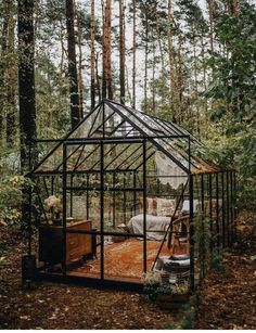 a small greenhouse in the woods surrounded by trees