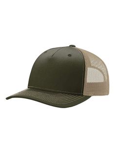 the trucker hat in olive green and tan is made from an unstreted cotton