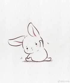 a drawing of a rabbit sitting on the ground with its head turned to the side