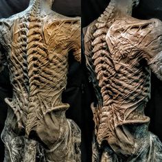 the back and sides of two human body sculptures