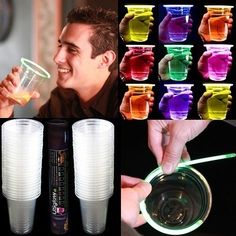 a collage of different shots being poured into plastic cups