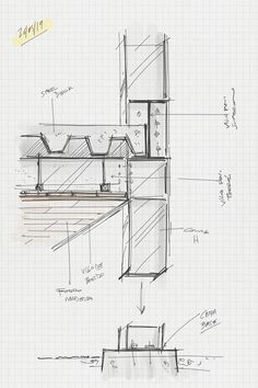 an architectural drawing of a kitchen with shelves and cabinets on the wall, along with other drawings