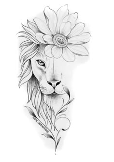 a drawing of a lion with flowers on its head