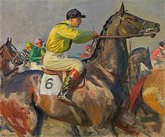 a painting of a man riding on the back of a horse in front of other horses