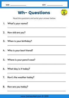 A Worksheet for practicing answering WH questions in English. Teach English To Kids, Wh Questions, What Day Is It, English Language Learners, What Is Your Name, Free Printable Worksheets, Esl Worksheets, Language Learners