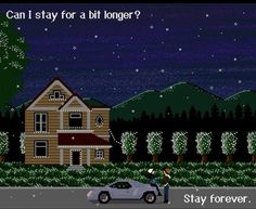 an old - school computer game with a man standing in front of a house at night