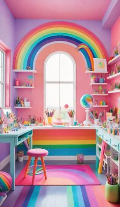 a room that has a rainbow painted on the wall