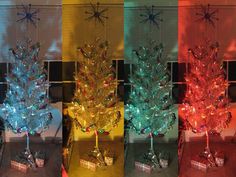 four different colored christmas trees with presents under them