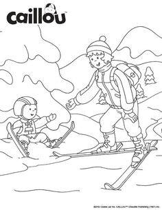 a coloring page with a boy skiing and a girl on skis in the snow