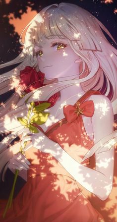 a girl with long white hair holding a red rose in her hand and looking up at the sky