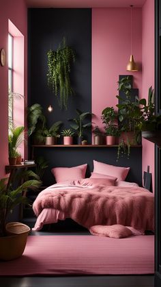 a bedroom with pink walls and plants in the corner