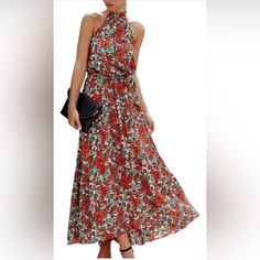 New With Tags Red Floral Print Backless Halter Maxi Dress, Very Comfortable! Only Tried On Twice, Perfect Dress For Summer Or Even Early Fall. Size Small Halter Neck Dress, Red Floral Print, Halter Maxi Dress, Dress For Summer, Halter Maxi, Halter Maxi Dresses, Dresses Backless, Early Fall, Halterneck Dress