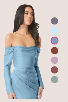 a woman wearing a blue dress with long sleeves and an off the shoulder top, standing in front of color swatches