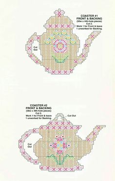 two cross stitch teapots with different designs