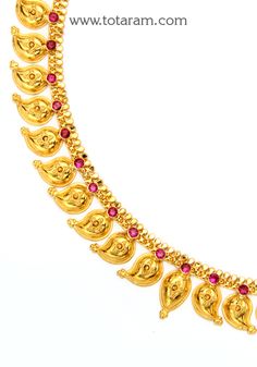 22 Karat Gold 'Mango' Mala Long Necklace with Red Stones
   - 235-GN439 - in 50.350 Grams for USD $3939.59. 
Made in India by Totaram Jewelers Online this product is in Gold - 22 Karat BIS Hallmark 916 KDM Gold  & is an excellent gift for Adult - Women. Ships fully insured with secured guaranteed delivery for free with your order over $250 from New Jersey USA & comes with 30 days exchange policy. Red 22k Gold Necklace For Celebration, Red 22k Gold Temple Necklace For Celebration, Gold Ruby Temple Necklace, Festive Gold Temple Necklace With Ruby, Red 22k Gold Temple Jewelry Necklace, Festive Gold Mala With Stone Work, Gold Ruby Temple Necklace For Diwali, Festive Yellow Gold Temple Necklace With Ruby, Festive Red Kundan Necklace In 22k Gold