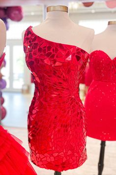 Red One Shoulder Mirror Sequin Short Hoco Dress Homecoming Dress With Fitted Bodice And One Shoulder, One Shoulder Dress With Fitted Bodice For Prom, One-shoulder Sequin Homecoming Dress, One-shoulder Dress For Homecoming And Prom, One-shoulder Dress For Homecoming And Prom Season, Fitted One-shoulder Sleeveless Dress For Homecoming, Fitted One Shoulder Sleeveless Dress For Homecoming, Fitted Sleeveless One-shoulder Dress For Homecoming, Fitted Sleeveless One Shoulder Dress For Homecoming