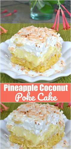 pineapple coconut poke cake on a white plate