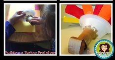 two pictures show the process of making a turkey hat out of construction paper and duct tape