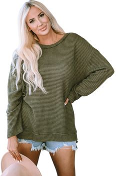 Upgrade your wardrobe with our cozy waffle knit top. Long sleeves and side slits add warmth and a trendy oversized fit. Shop our sale for various styles.Tops > Long Sleeve Tops Material: 95%Polyester+5%Elastane Pattern: solid Neckline: Round Neck Sleeve Length: Long Sleeve Details: Decoration Style: casual Color: green Silhouette: Oversized Occasion: Daily Green Silhouette, Oversized Tops, Color Blouse, Slouchy Sweater, Waffle Knit Top, Oversized Top, Knit Sweatshirt, Chic Woman, Oversized Sweatshirt