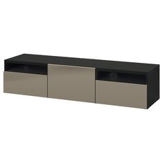 an entertainment center with two doors and three drawers on each side, in grey and black