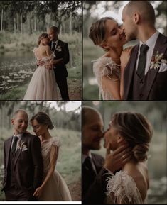 a bride and groom kissing in the woods