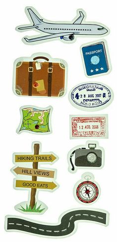 an assortment of travel stickers on a white background, including luggage and road signs